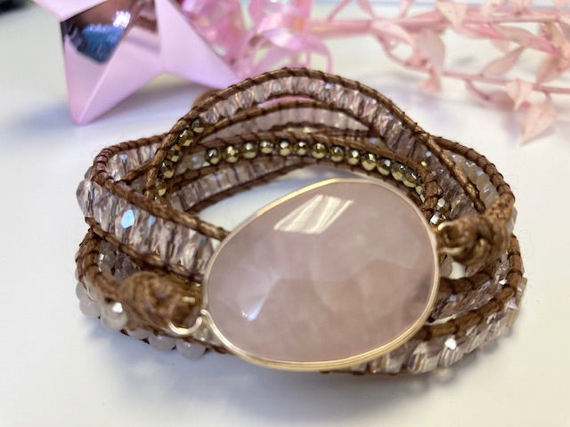 Stunning Semi Precious Rose Quartz Wraparound Bracelet