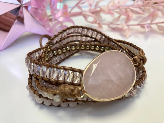 Stunning Semi Precious Rose Quartz Wraparound Bracelet